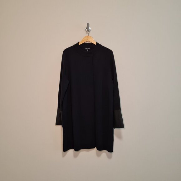 Eileen Fisher NEW Cardigan Sweater 100% Wool Leather Cuffs XL NWT Black Coat - Picture 2 of 13